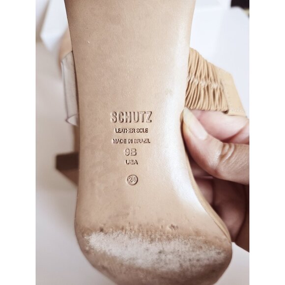 Schutz Taina Honey Beige Clear Backless Open Square Toe Heels Sandals 9 - Picture 6 of 13
